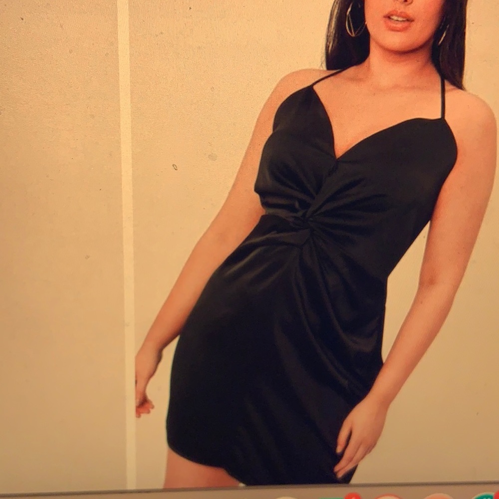 Black plus size satin twist front mini dress